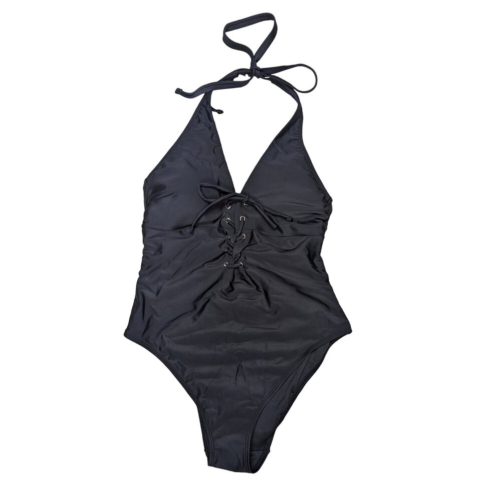 Adore Me One Piece Lace Up Halter One Piece Swimsuit Black Large